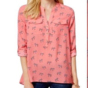 Charter Club Women’s Coral Zebra Print Roll Tab Sleeves Blouse Button Up Size 2X